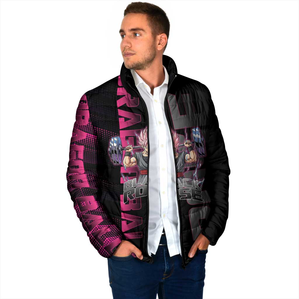 Goku Black Rose Dragon Ball Gym Theme Padded Jacket with Dumbbell Power Lift and Pink Electric Aura on Black Design - The Mazicc