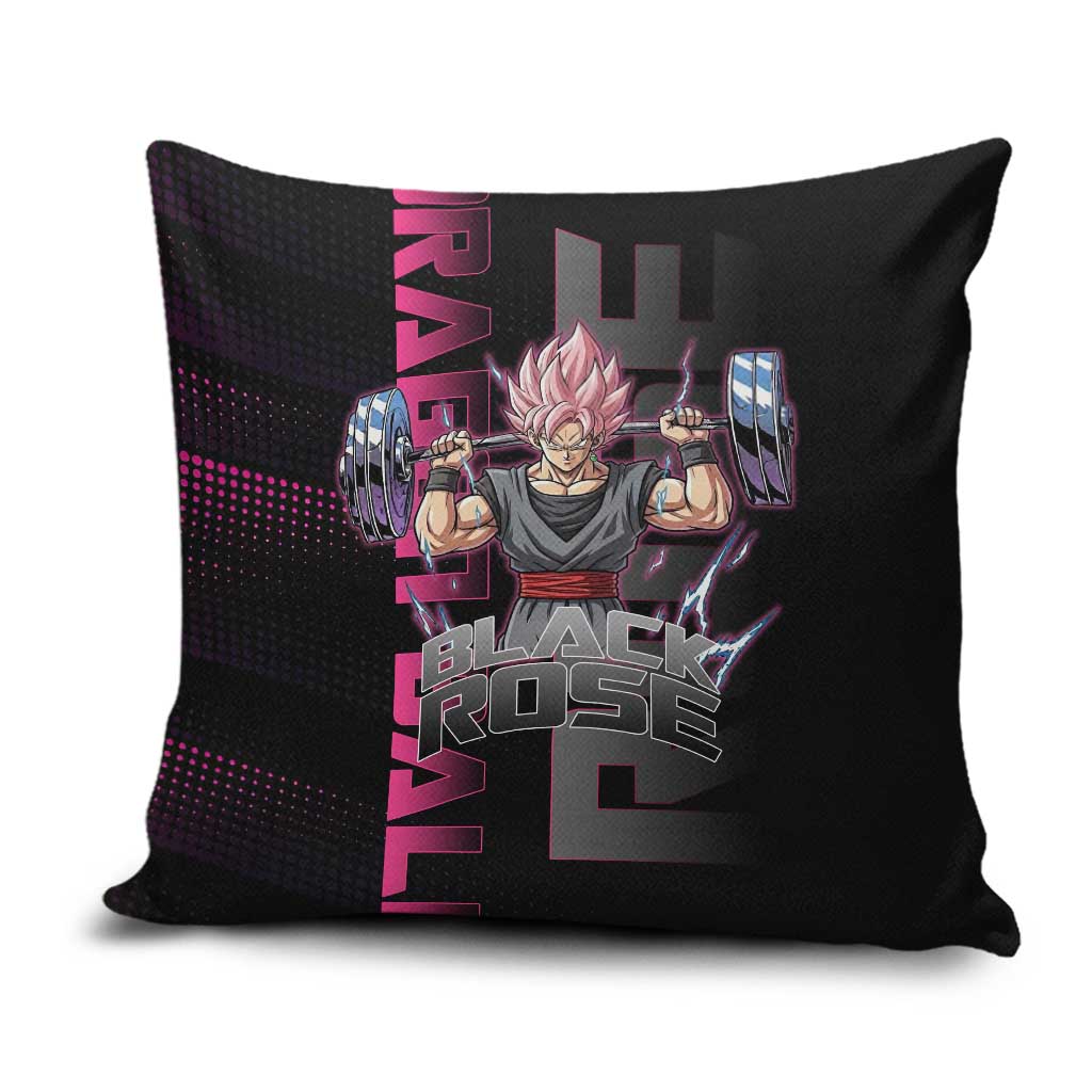 Goku Black Rose Dragon Ball Gym Theme Pillow Cover with Dumbbell Power Lift and Pink Electric Aura on Black Design - The Mazicc