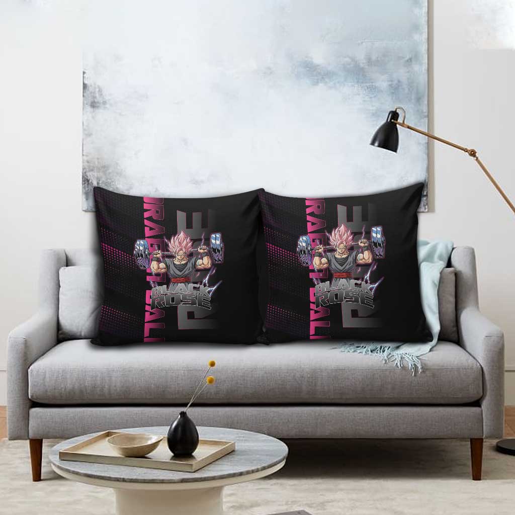 Goku Black Rose Dragon Ball Gym Theme Pillow Cover with Dumbbell Power Lift and Pink Electric Aura on Black Design - The Mazicc