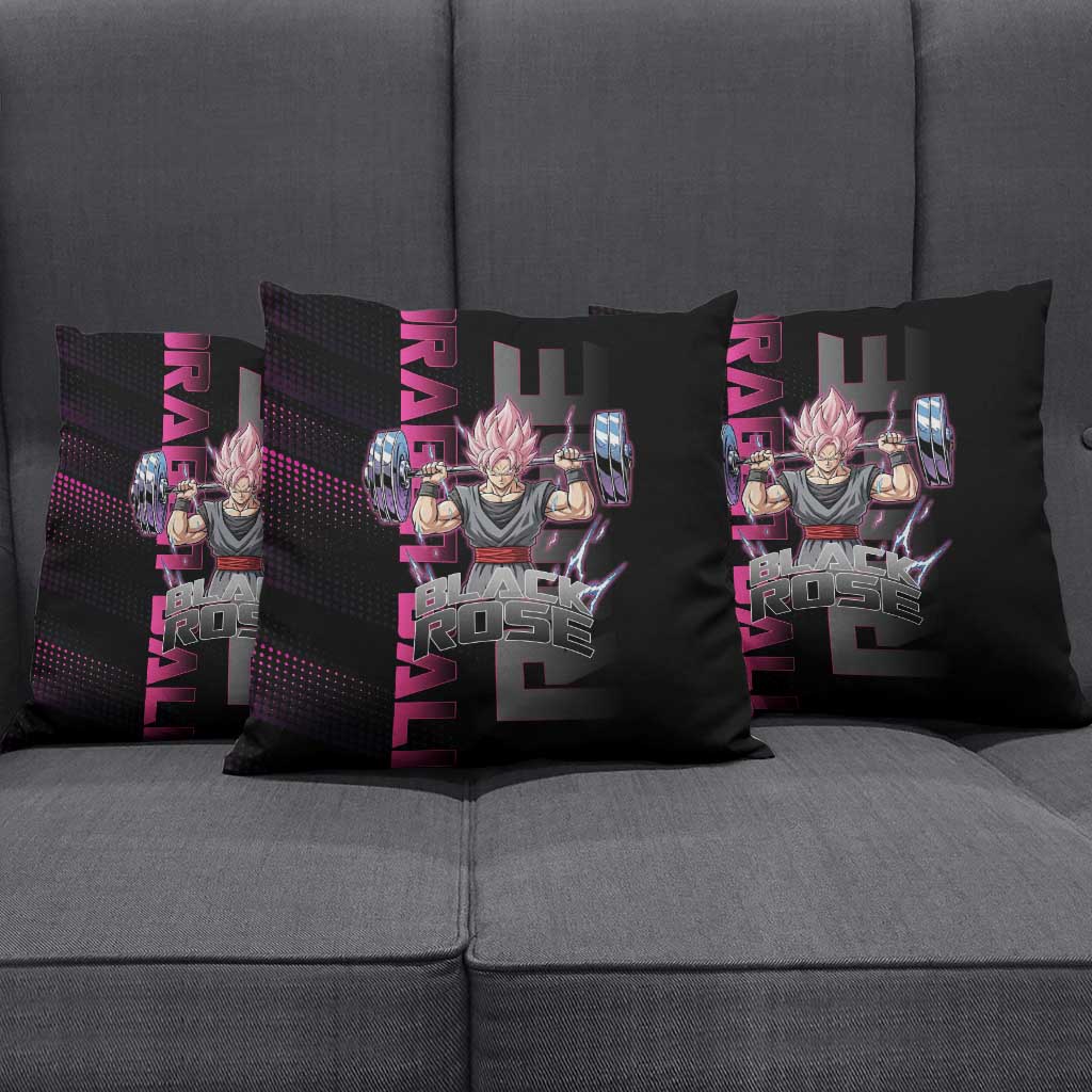 Goku Black Rose Dragon Ball Gym Theme Pillow Cover with Dumbbell Power Lift and Pink Electric Aura on Black Design - The Mazicc