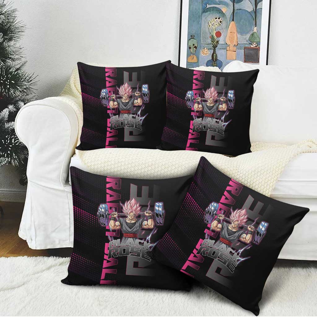 Goku Black Rose Dragon Ball Gym Theme Pillow Cover with Dumbbell Power Lift and Pink Electric Aura on Black Design - The Mazicc