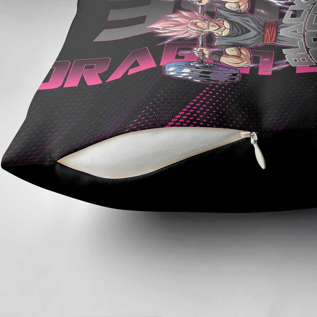 Goku Black Rose Dragon Ball Gym Theme Pillow Cover with Dumbbell Power Lift and Pink Electric Aura on Black Design - The Mazicc