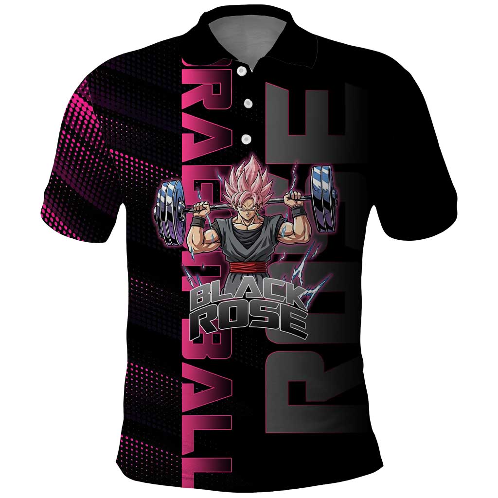 Goku Black Rose Dragon Ball Gym Theme Polo Shirt with Dumbbell Power Lift and Pink Electric Aura on Black Design - The Mazicc