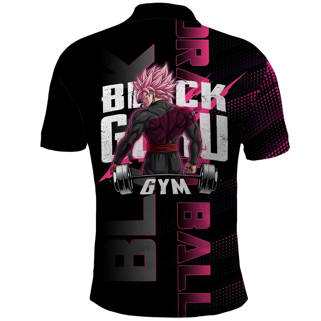 Goku Black Rose Dragon Ball Gym Theme Polo Shirt with Dumbbell Power Lift and Pink Electric Aura on Black Design - The Mazicc