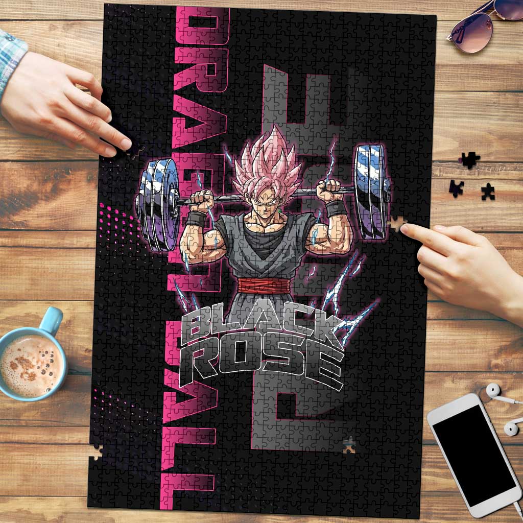 Goku Black Rose Dragon Ball Gym Theme Puzzle with Dumbbell Power Lift and Pink Electric Aura on Black Design - The Mazicc