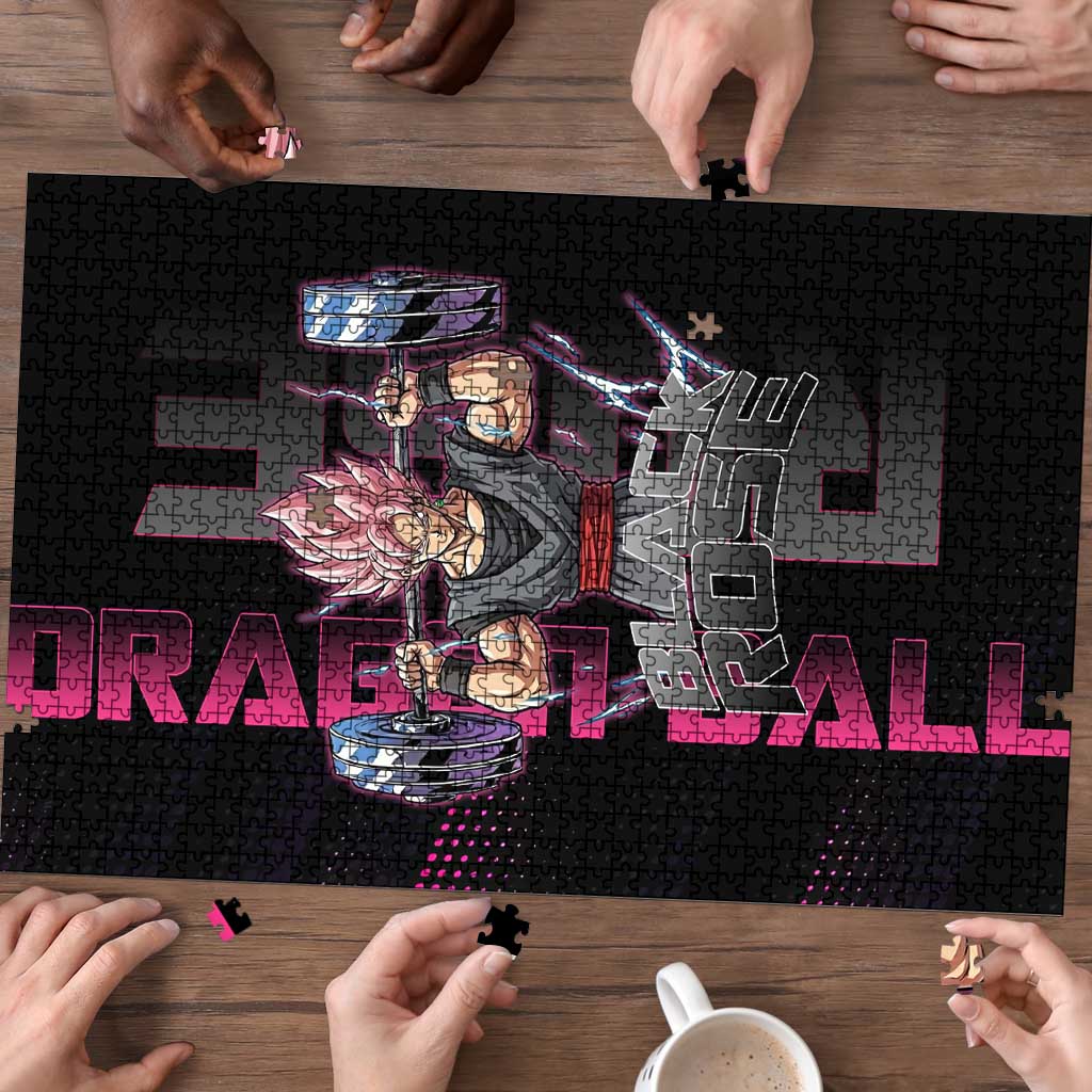 Goku Black Rose Dragon Ball Gym Theme Puzzle with Dumbbell Power Lift and Pink Electric Aura on Black Design - The Mazicc