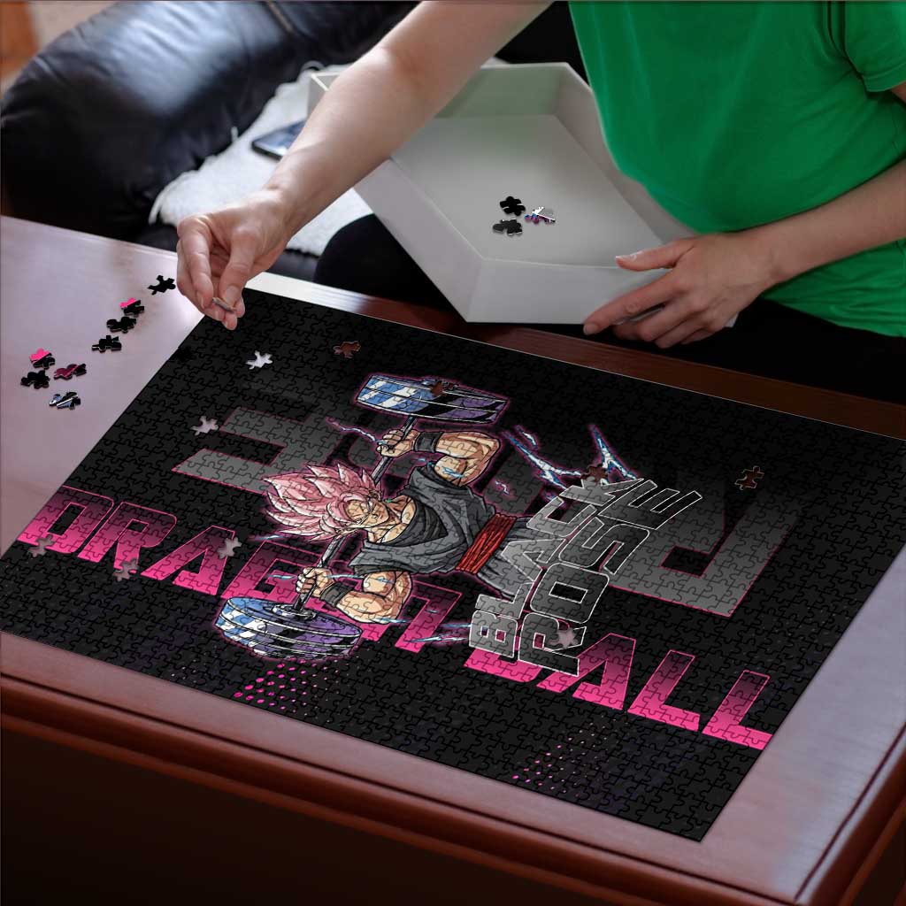 Goku Black Rose Dragon Ball Gym Theme Puzzle with Dumbbell Power Lift and Pink Electric Aura on Black Design - The Mazicc