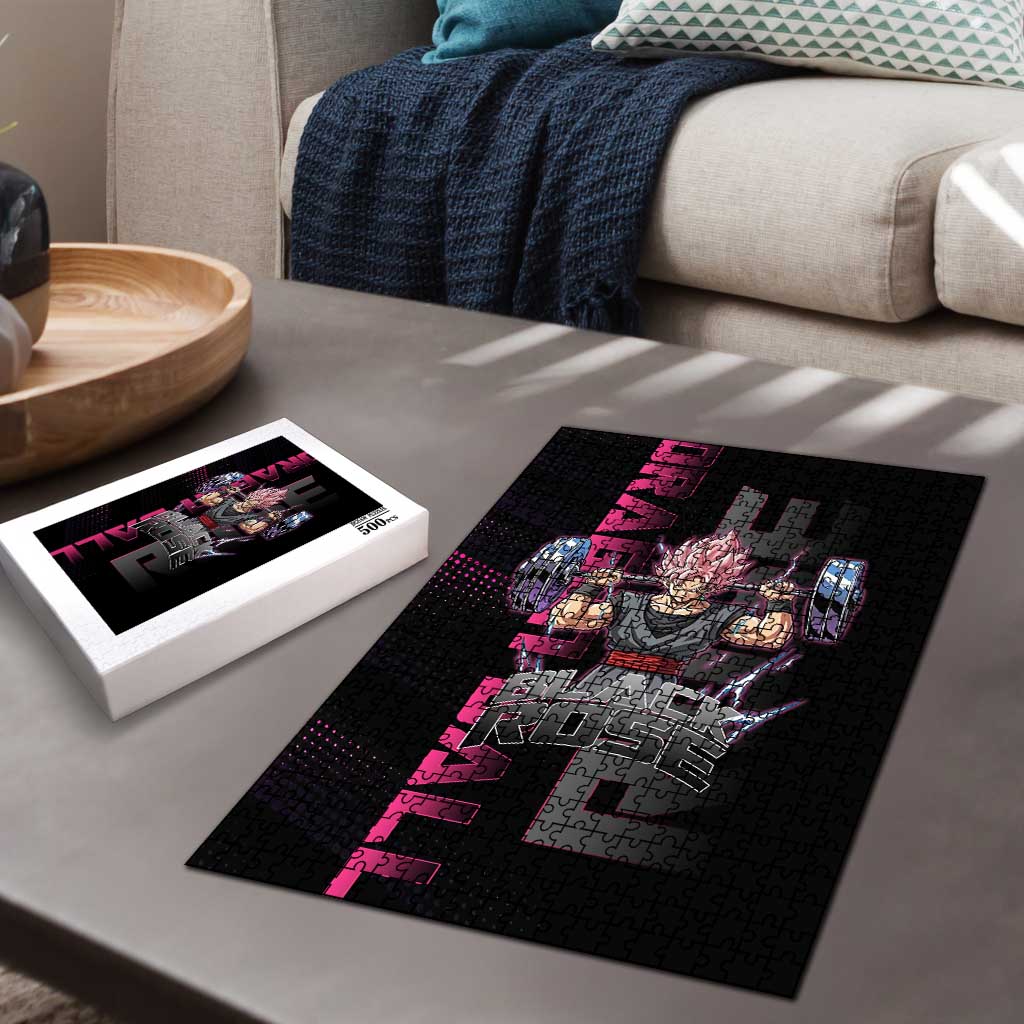 Goku Black Rose Dragon Ball Gym Theme Puzzle with Dumbbell Power Lift and Pink Electric Aura on Black Design - The Mazicc