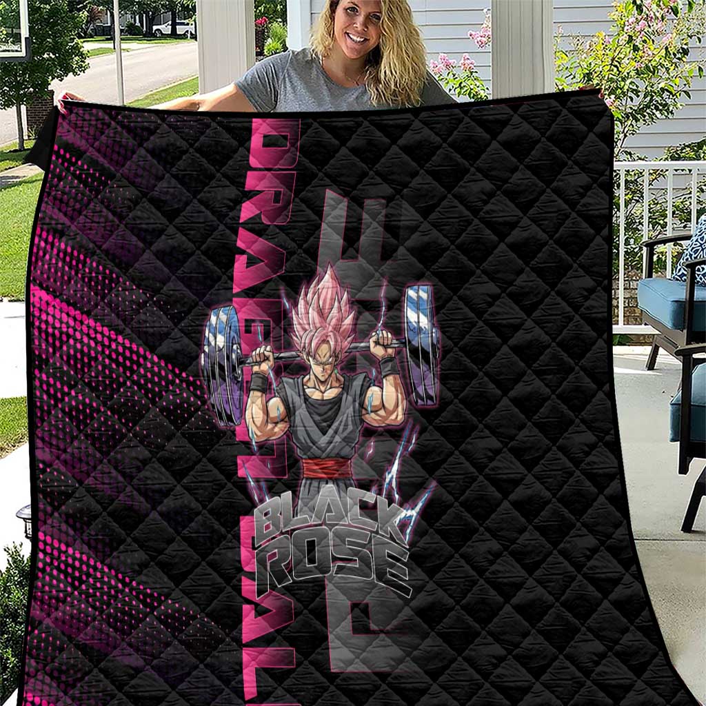 Goku Black Rose Dragon Ball Gym Theme Quilt with Dumbbell Power Lift and Pink Electric Aura on Black Design - The Mazicc