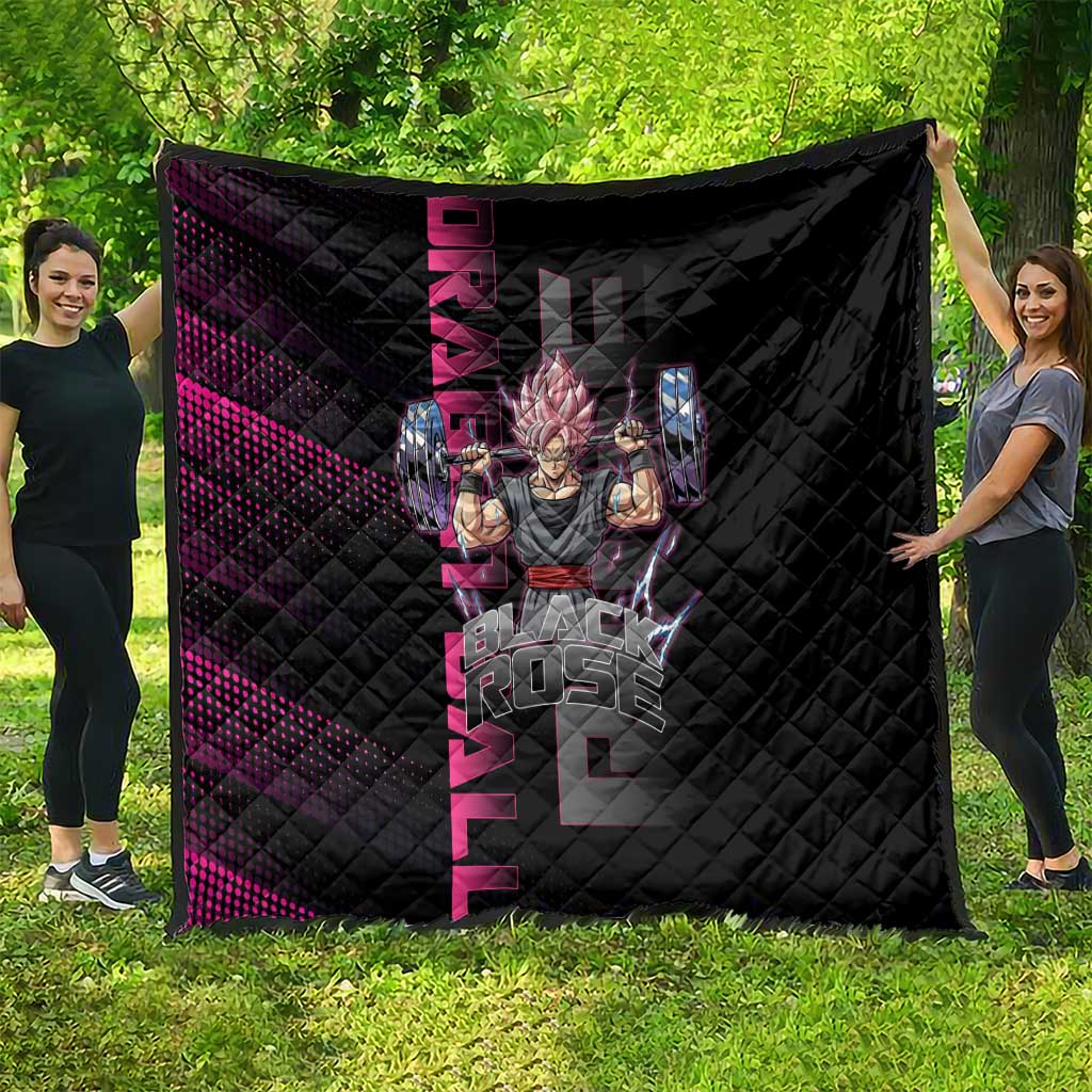Goku Black Rose Dragon Ball Gym Theme Quilt with Dumbbell Power Lift and Pink Electric Aura on Black Design - The Mazicc