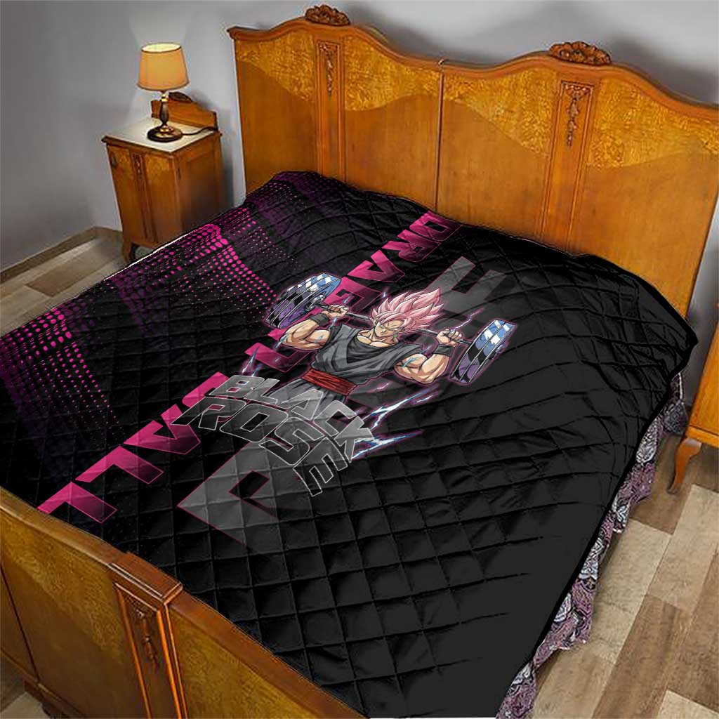 Goku Black Rose Dragon Ball Gym Theme Quilt with Dumbbell Power Lift and Pink Electric Aura on Black Design - The Mazicc
