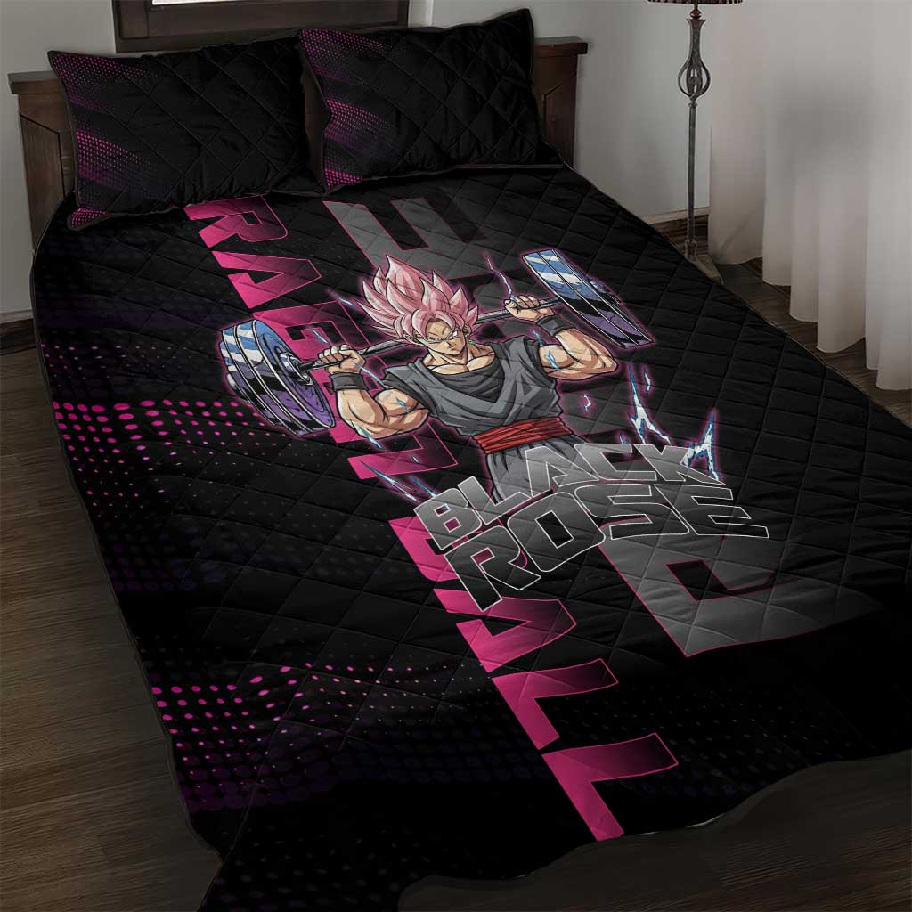 Goku Black Rose Dragon Ball Gym Theme Quilt Bed Set with Dumbbell Power Lift and Pink Electric Aura on Black Design - The Mazicc
