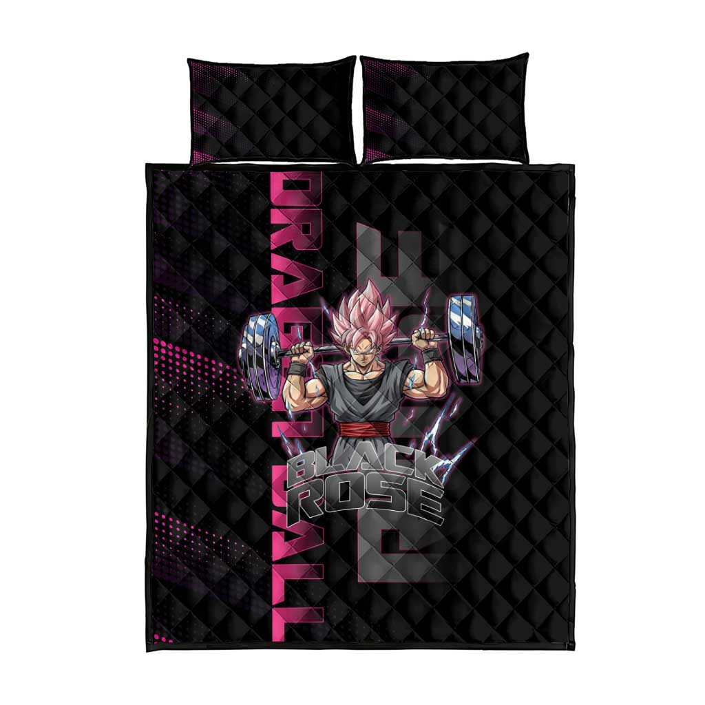 Goku Black Rose Dragon Ball Gym Theme Quilt Bed Set with Dumbbell Power Lift and Pink Electric Aura on Black Design - The Mazicc
