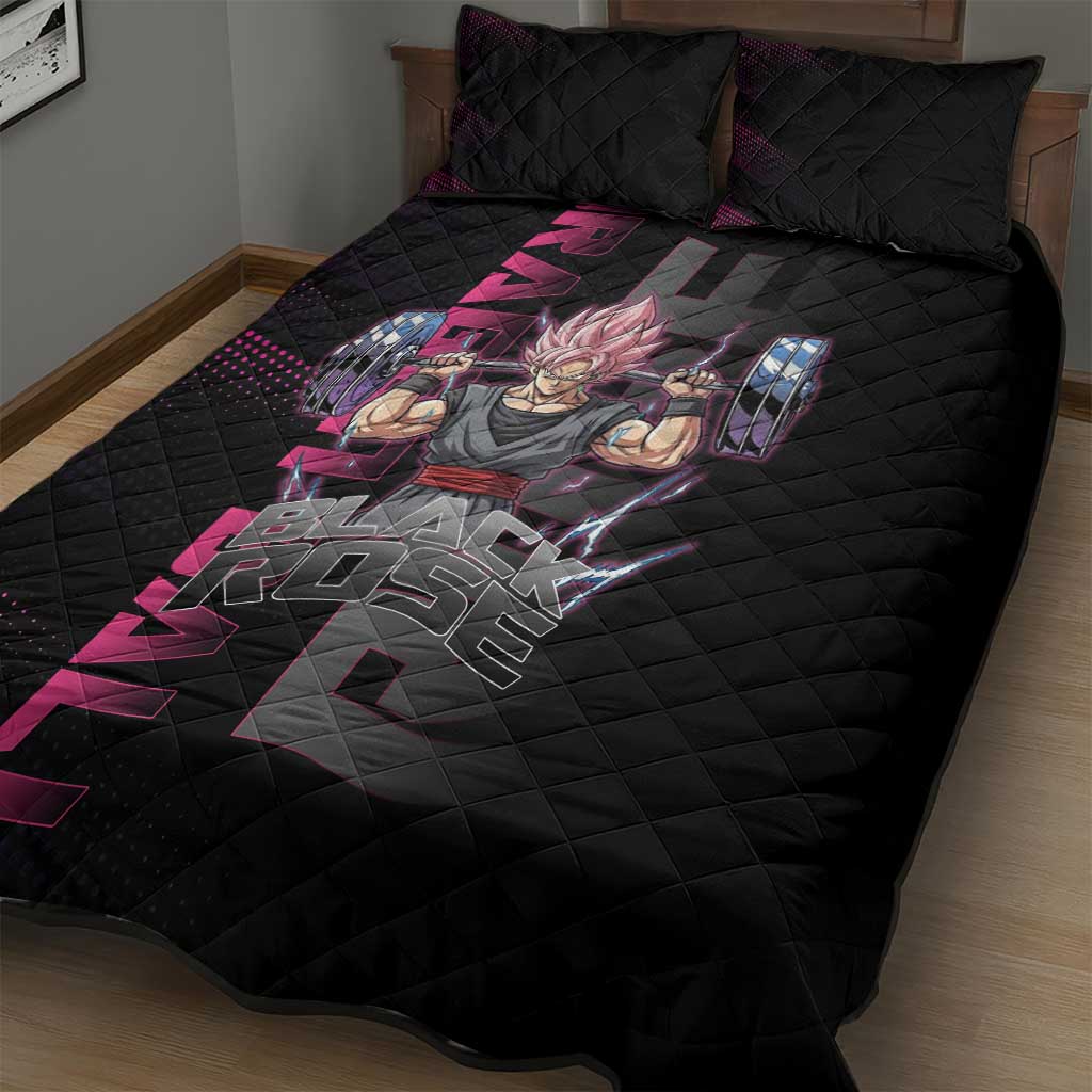 Goku Black Rose Dragon Ball Gym Theme Quilt Bed Set with Dumbbell Power Lift and Pink Electric Aura on Black Design - The Mazicc