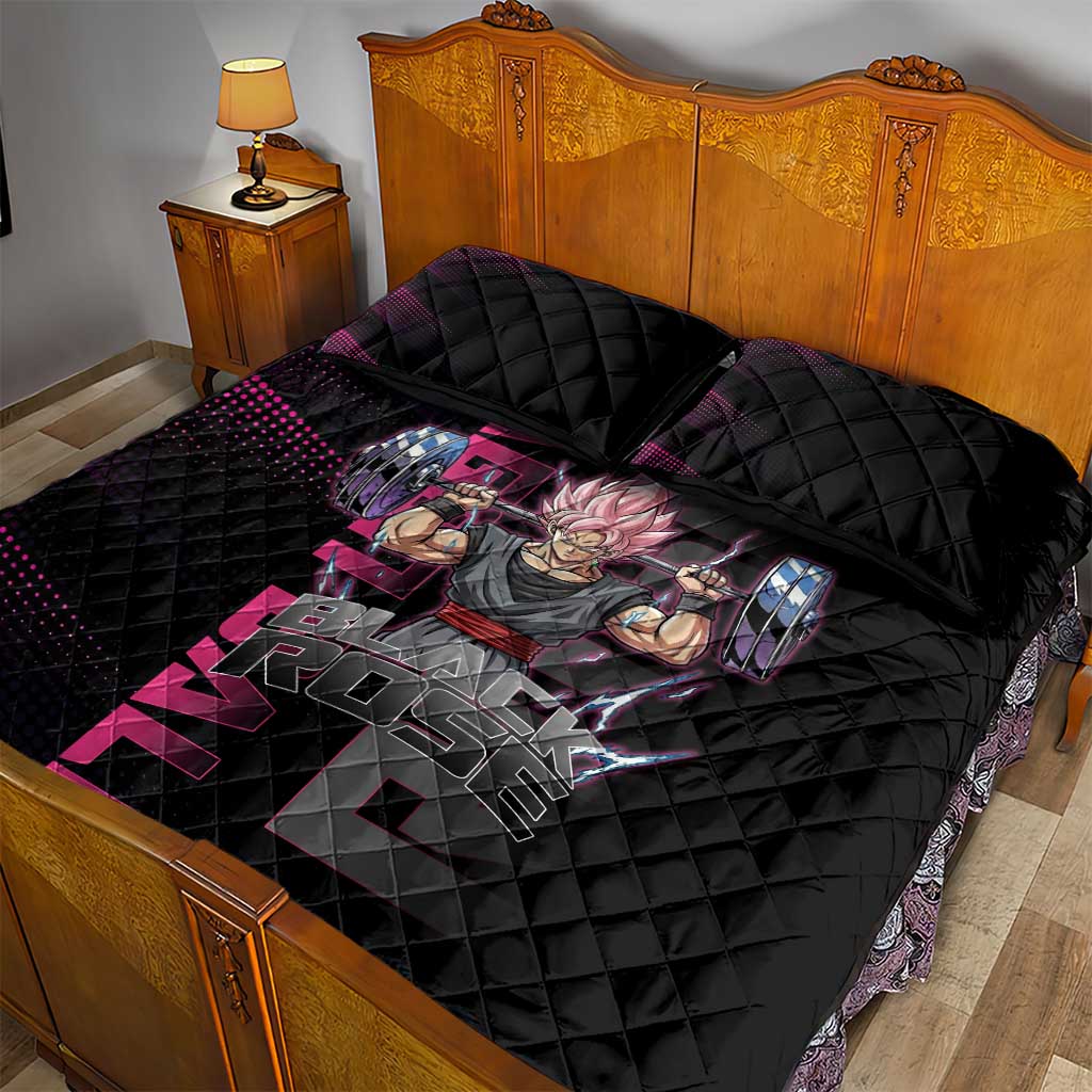 Goku Black Rose Dragon Ball Gym Theme Quilt Bed Set with Dumbbell Power Lift and Pink Electric Aura on Black Design - The Mazicc