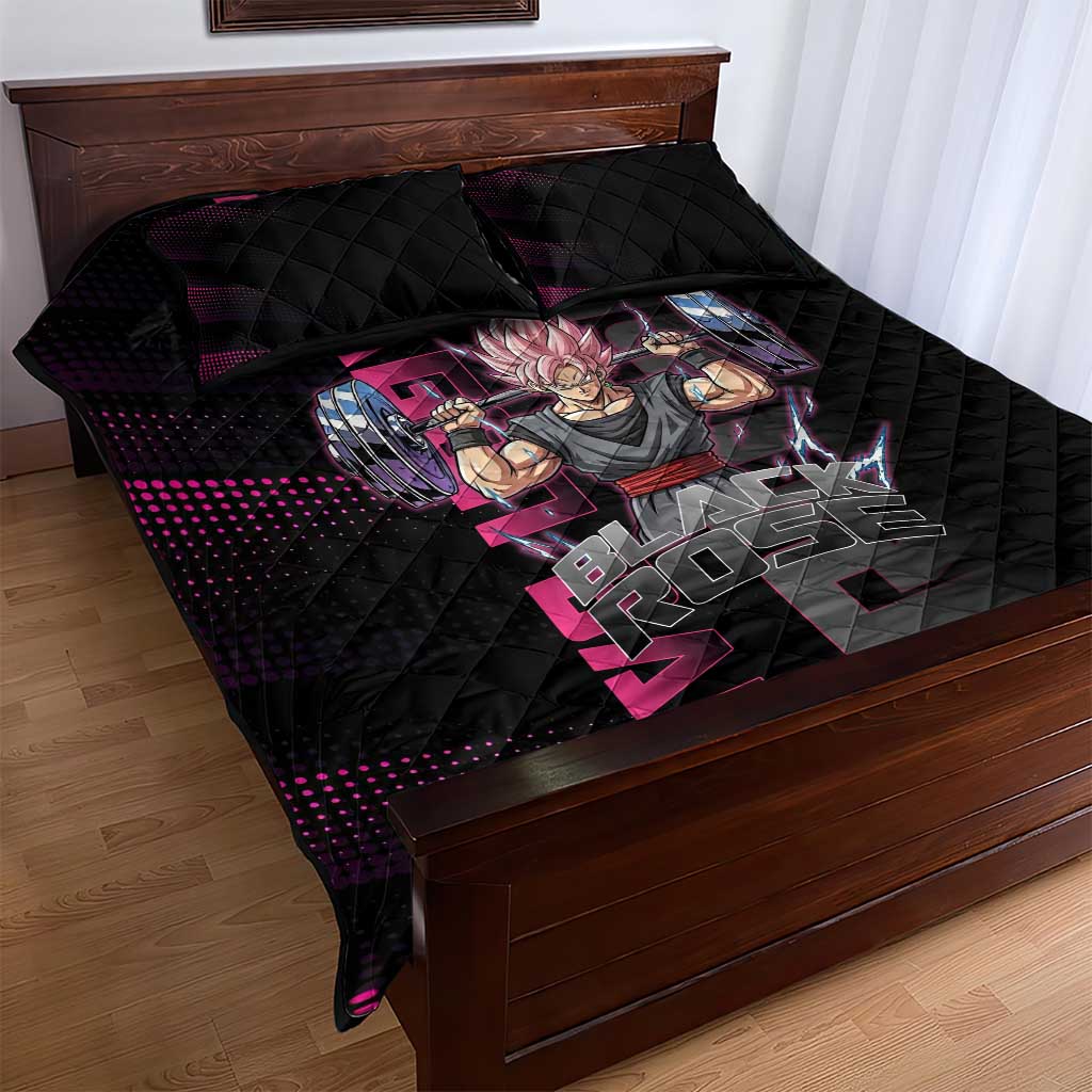 Goku Black Rose Dragon Ball Gym Theme Quilt Bed Set with Dumbbell Power Lift and Pink Electric Aura on Black Design - The Mazicc