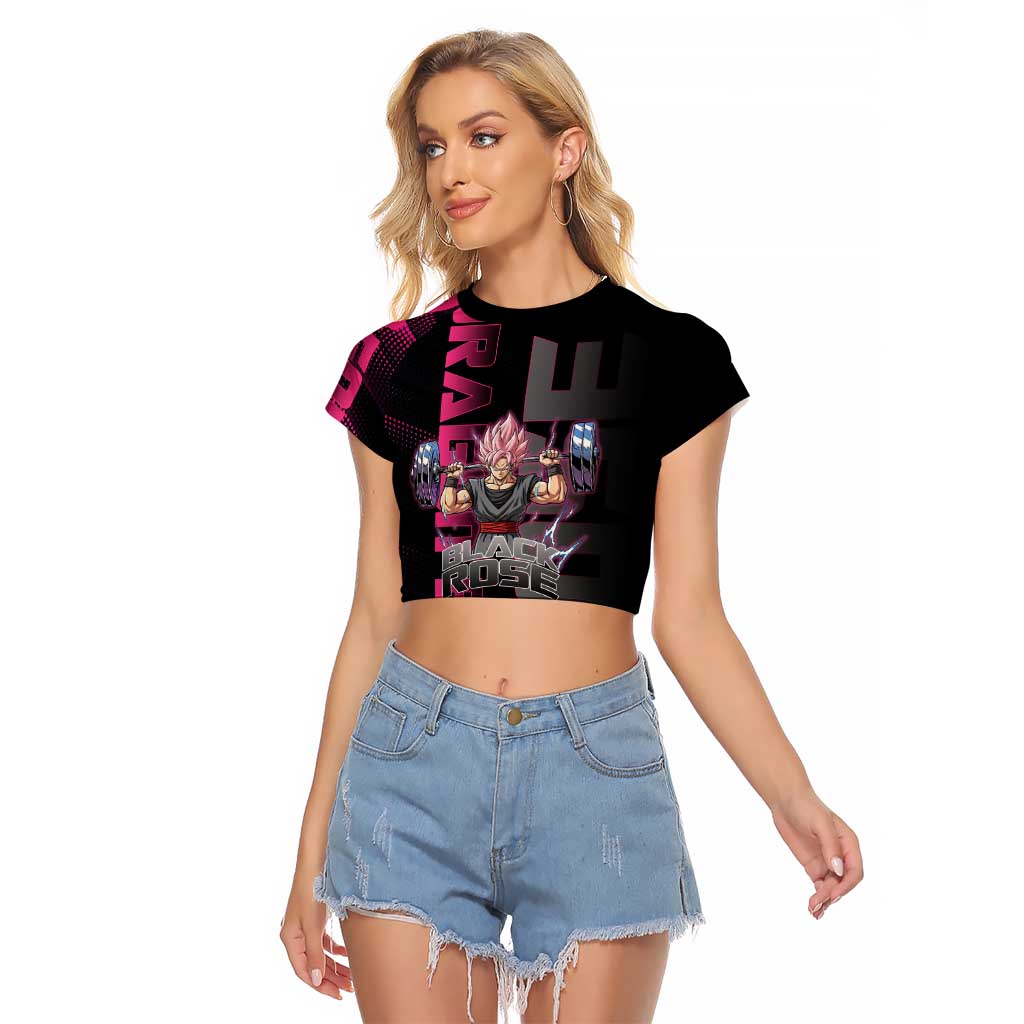 Goku Black Rose Dragon Ball Gym Theme Raglan Cropped T Shirt with Dumbbell Power Lift and Pink Electric Aura on Black Design - The Mazicc