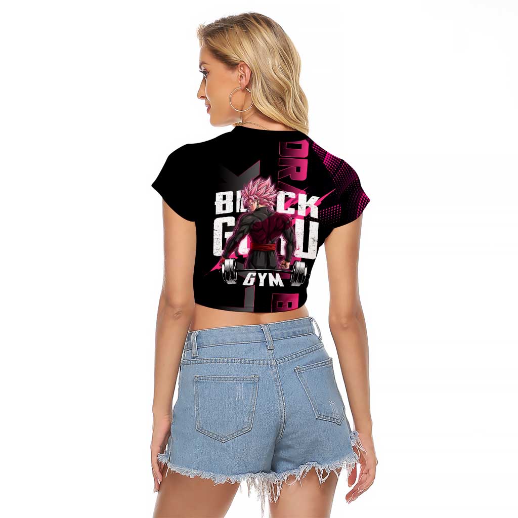 Goku Black Rose Dragon Ball Gym Theme Raglan Cropped T Shirt with Dumbbell Power Lift and Pink Electric Aura on Black Design - The Mazicc