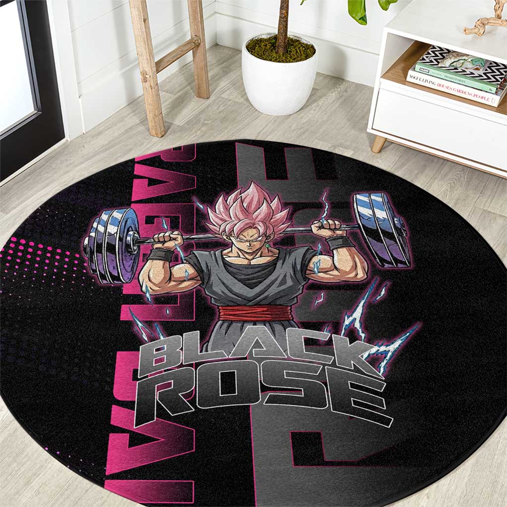 Goku Black Rose Dragon Ball Gym Theme Round Carpet with Dumbbell Power Lift and Pink Electric Aura on Black Design - The Mazicc