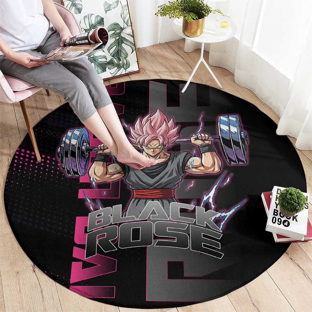 Goku Black Rose Dragon Ball Gym Theme Round Carpet with Dumbbell Power Lift and Pink Electric Aura on Black Design - The Mazicc