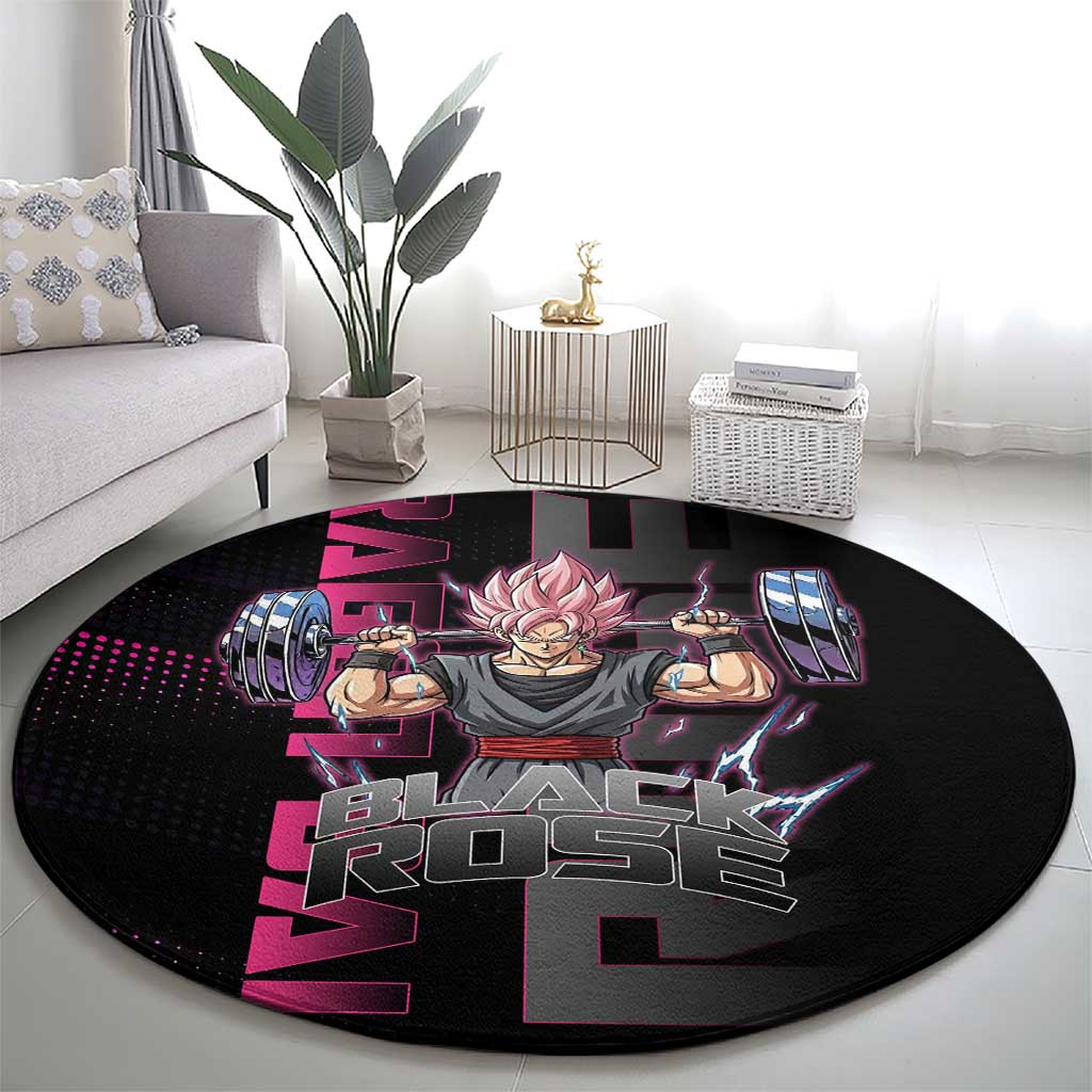 Goku Black Rose Dragon Ball Gym Theme Round Carpet with Dumbbell Power Lift and Pink Electric Aura on Black Design - The Mazicc