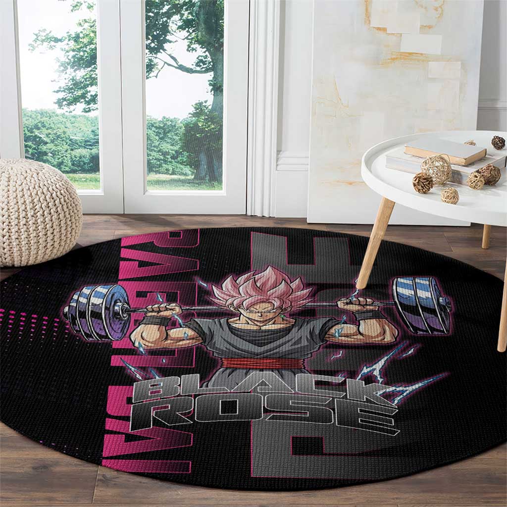 Goku Black Rose Dragon Ball Gym Theme Round Carpet with Dumbbell Power Lift and Pink Electric Aura on Black Design - The Mazicc