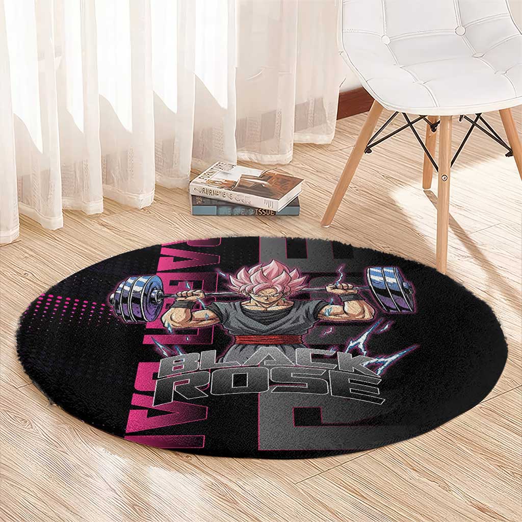 Goku Black Rose Dragon Ball Gym Theme Round Carpet with Dumbbell Power Lift and Pink Electric Aura on Black Design - The Mazicc