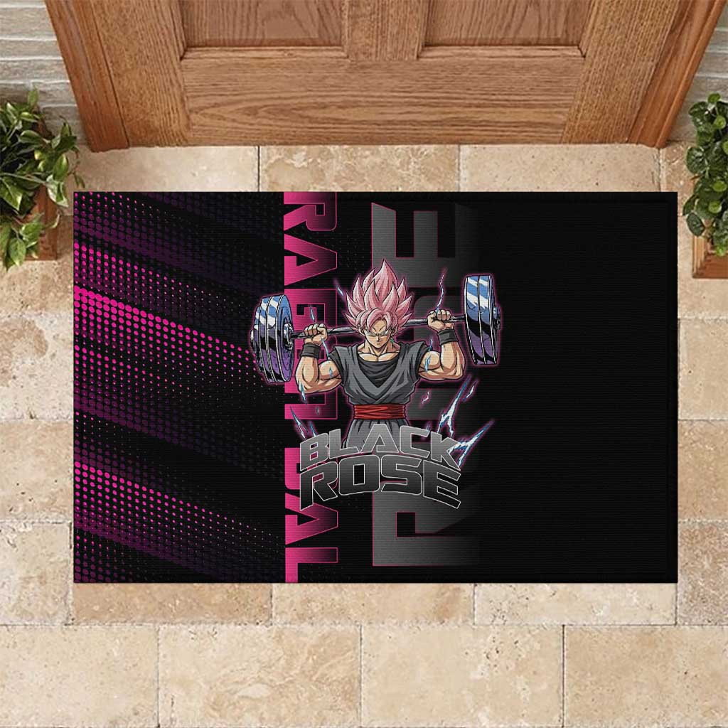 Goku Black Rose Dragon Ball Gym Theme Rubber Doormat with Dumbbell Power Lift and Pink Electric Aura on Black Design - The Mazicc