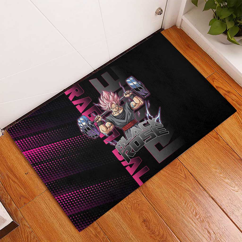 Goku Black Rose Dragon Ball Gym Theme Rubber Doormat with Dumbbell Power Lift and Pink Electric Aura on Black Design - The Mazicc