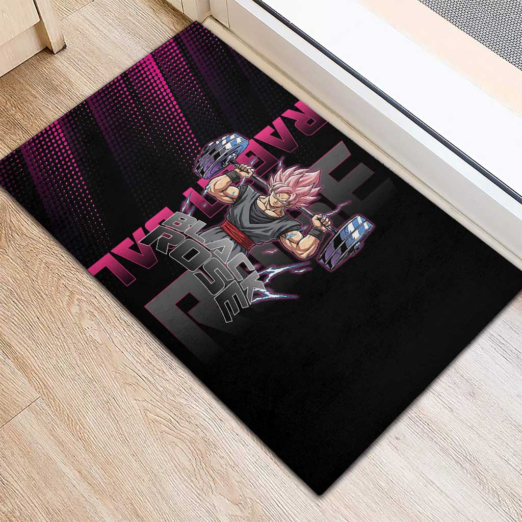 Goku Black Rose Dragon Ball Gym Theme Rubber Doormat with Dumbbell Power Lift and Pink Electric Aura on Black Design - The Mazicc