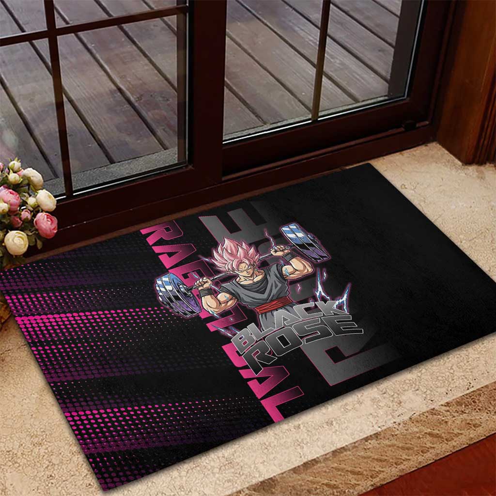 Goku Black Rose Dragon Ball Gym Theme Rubber Doormat with Dumbbell Power Lift and Pink Electric Aura on Black Design - The Mazicc