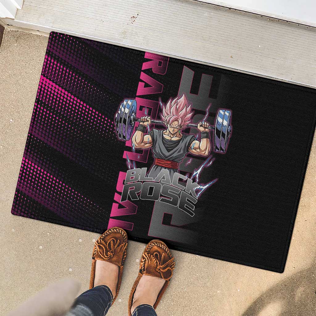 Goku Black Rose Dragon Ball Gym Theme Rubber Doormat with Dumbbell Power Lift and Pink Electric Aura on Black Design - The Mazicc