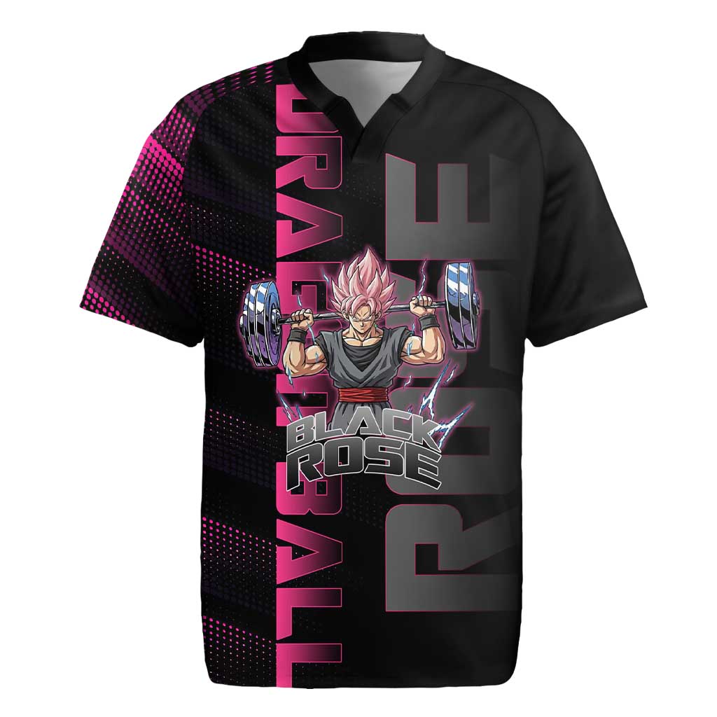 Goku Black Rose Dragon Ball Gym Theme Rugby Jersey with Dumbbell Power Lift and Pink Electric Aura on Black Design - The Mazicc