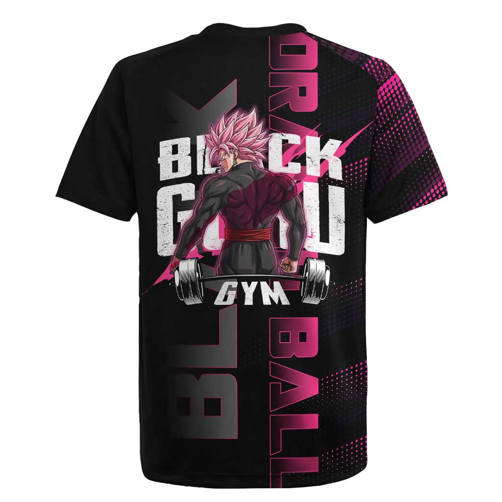 Goku Black Rose Dragon Ball Gym Theme Rugby Jersey with Dumbbell Power Lift and Pink Electric Aura on Black Design - The Mazicc