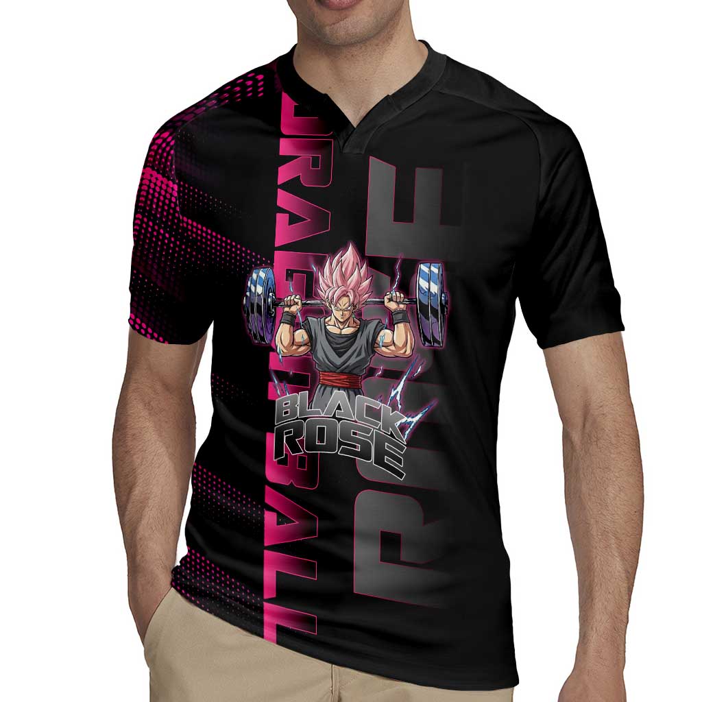 Goku Black Rose Dragon Ball Gym Theme Rugby Jersey with Dumbbell Power Lift and Pink Electric Aura on Black Design - The Mazicc