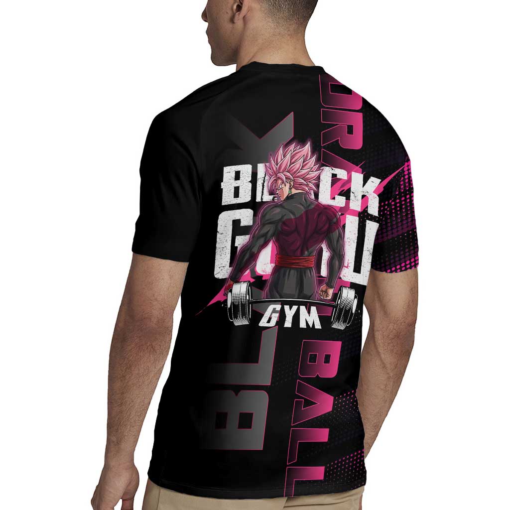 Goku Black Rose Dragon Ball Gym Theme Rugby Jersey with Dumbbell Power Lift and Pink Electric Aura on Black Design - The Mazicc