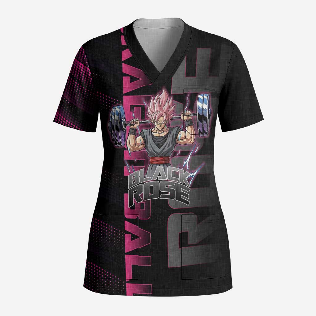Goku Black Rose Dragon Ball Gym Theme Scrub Top with Dumbbell Power Lift and Pink Electric Aura on Black Design - The Mazicc