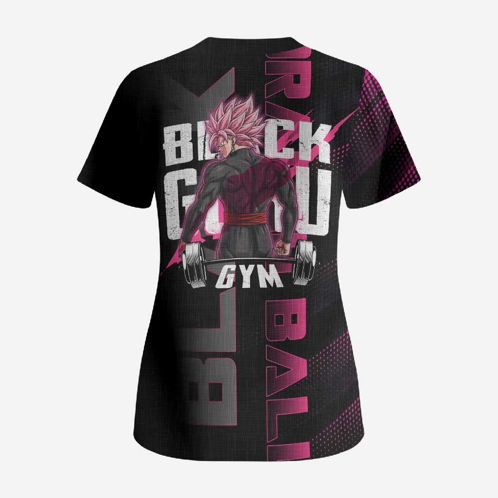 Goku Black Rose Dragon Ball Gym Theme Scrub Top with Dumbbell Power Lift and Pink Electric Aura on Black Design - The Mazicc