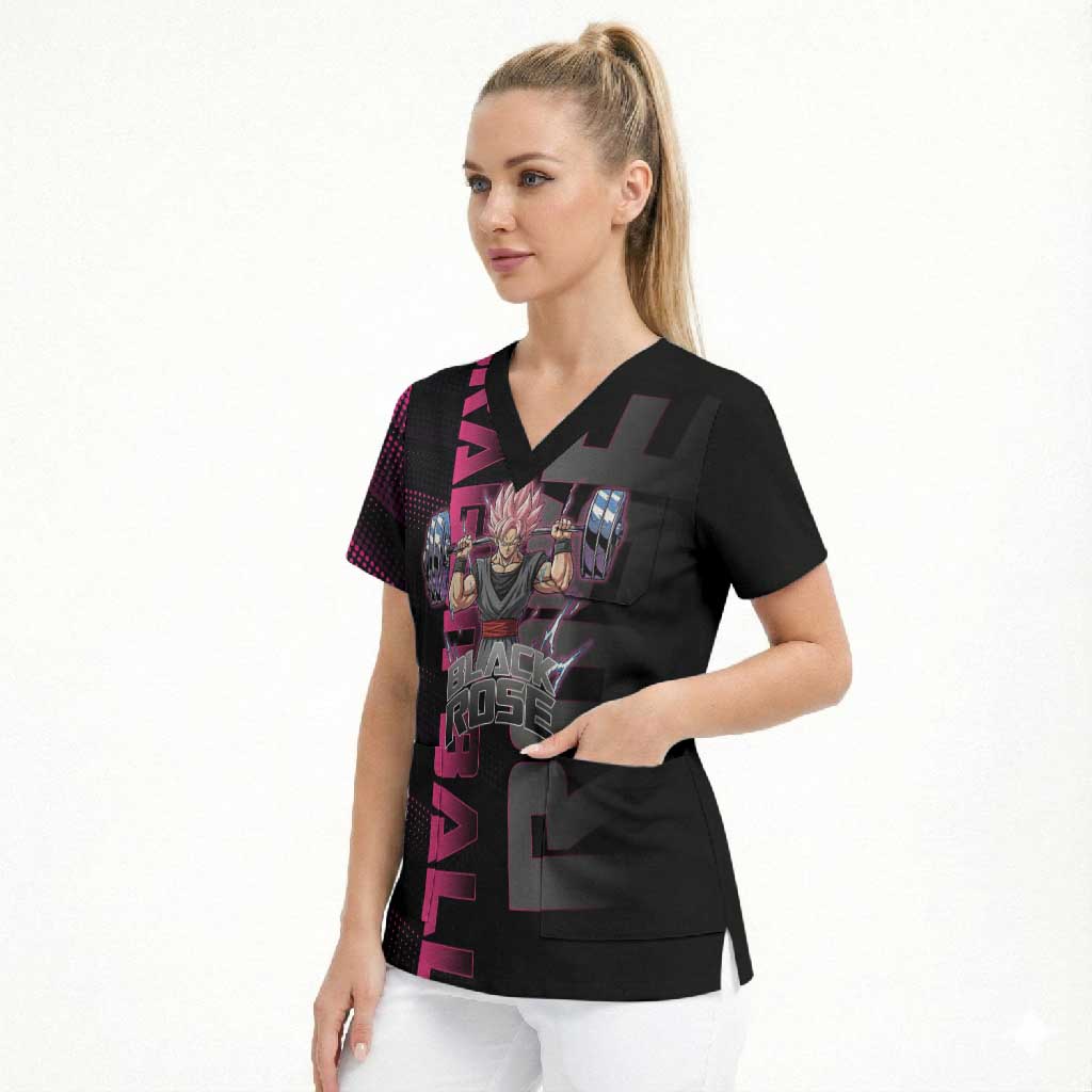 Goku Black Rose Dragon Ball Gym Theme Scrub Top with Dumbbell Power Lift and Pink Electric Aura on Black Design - The Mazicc