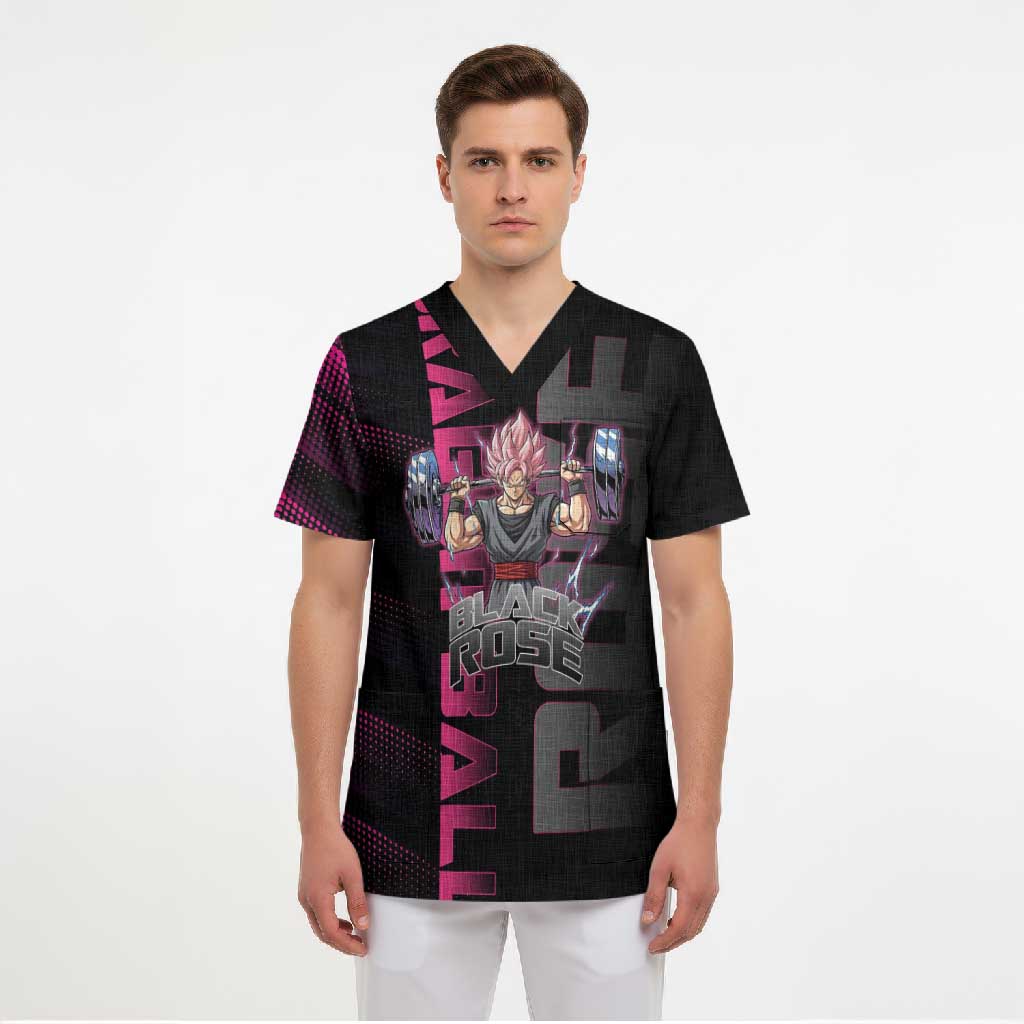 Goku Black Rose Dragon Ball Gym Theme Scrub Top with Dumbbell Power Lift and Pink Electric Aura on Black Design - The Mazicc