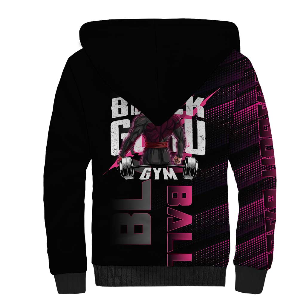 Goku Black Rose Dragon Ball Gym Theme Sherpa Hoodie with Dumbbell Power Lift and Pink Electric Aura on Black Design - The Mazicc