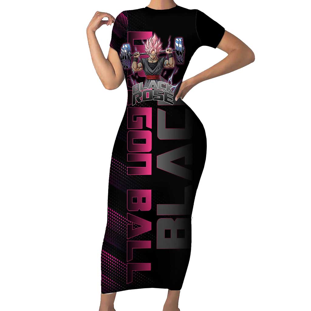 Goku Black Rose Dragon Ball Gym Theme Short Sleeve Bodycon Dress with Dumbbell Power Lift and Pink Electric Aura on Black Design - The Mazicc