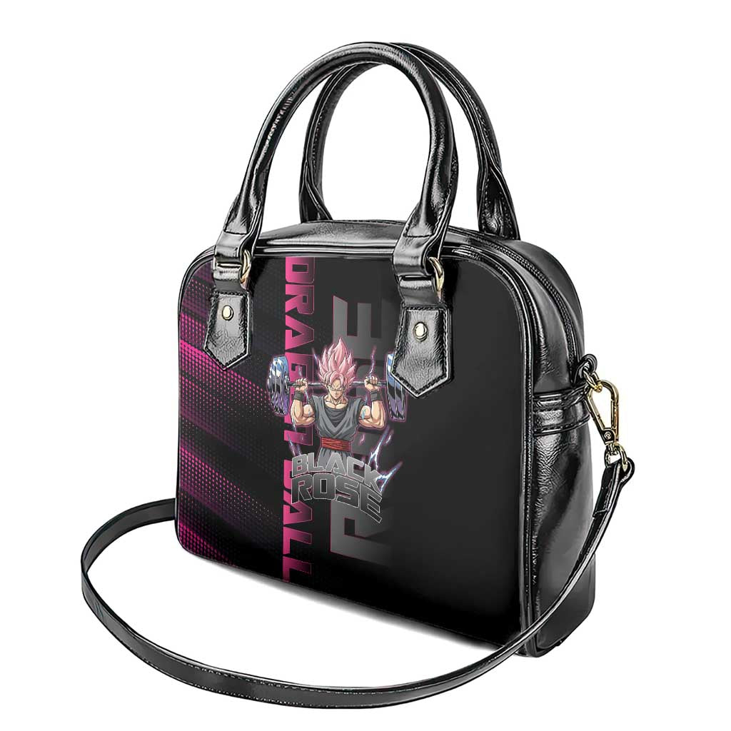 Goku Black Rose Dragon Ball Gym Theme Shoulder Handbag with Dumbbell Power Lift and Pink Electric Aura on Black Design - The Mazicc