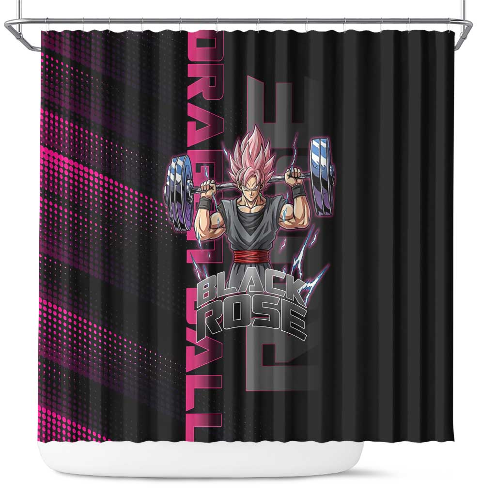Goku Black Rose Dragon Ball Gym Theme Shower Curtain with Dumbbell Power Lift and Pink Electric Aura on Black Design - The Mazicc