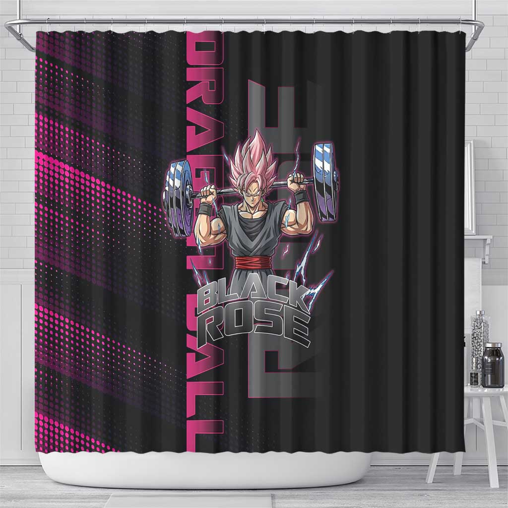 Goku Black Rose Dragon Ball Gym Theme Shower Curtain with Dumbbell Power Lift and Pink Electric Aura on Black Design - The Mazicc