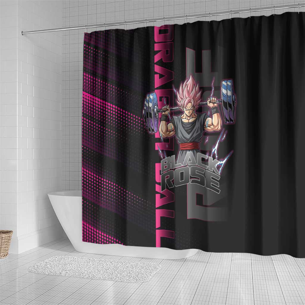 Goku Black Rose Dragon Ball Gym Theme Shower Curtain with Dumbbell Power Lift and Pink Electric Aura on Black Design - The Mazicc