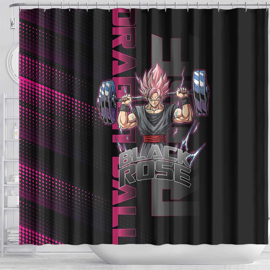 Goku Black Rose Dragon Ball Gym Theme Shower Curtain with Dumbbell Power Lift and Pink Electric Aura on Black Design - The Mazicc