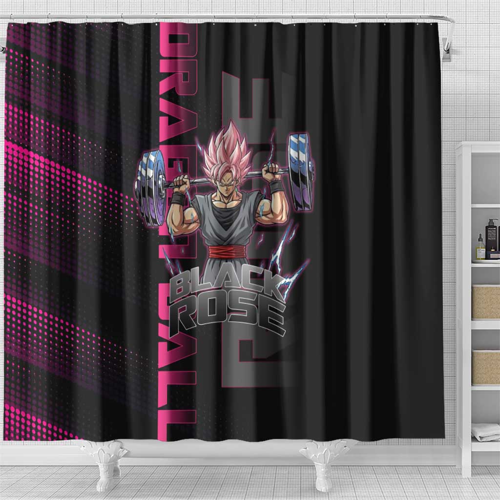 Goku Black Rose Dragon Ball Gym Theme Shower Curtain with Dumbbell Power Lift and Pink Electric Aura on Black Design - The Mazicc