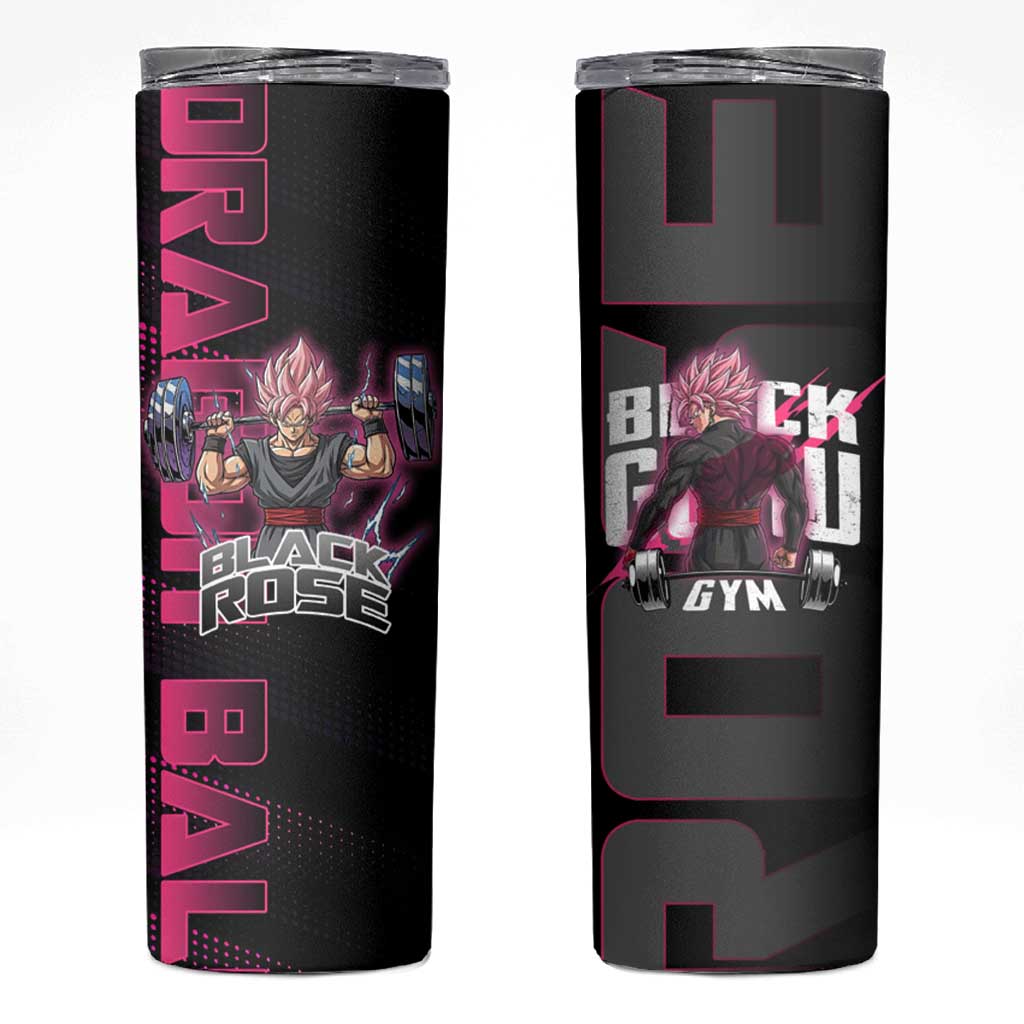 Goku Black Rose Dragon Ball Gym Theme Skinny Tumbler with Dumbbell Power Lift and Pink Electric Aura on Black Design - The Mazicc