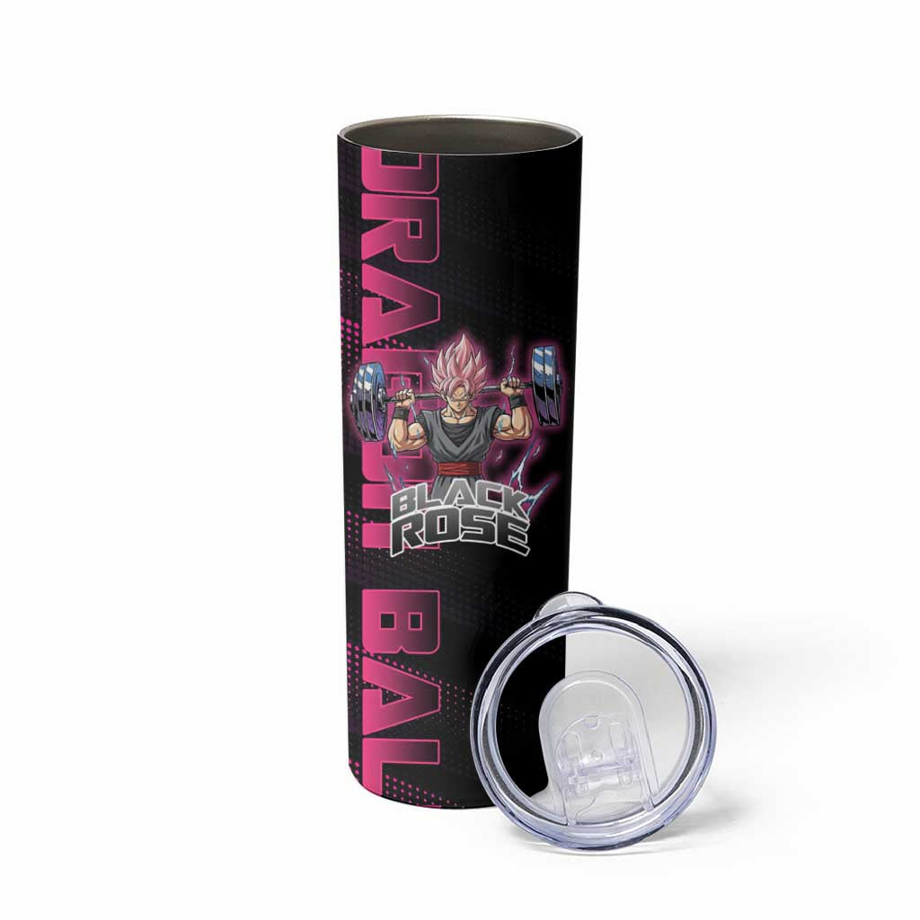 Goku Black Rose Dragon Ball Gym Theme Skinny Tumbler with Dumbbell Power Lift and Pink Electric Aura on Black Design - The Mazicc